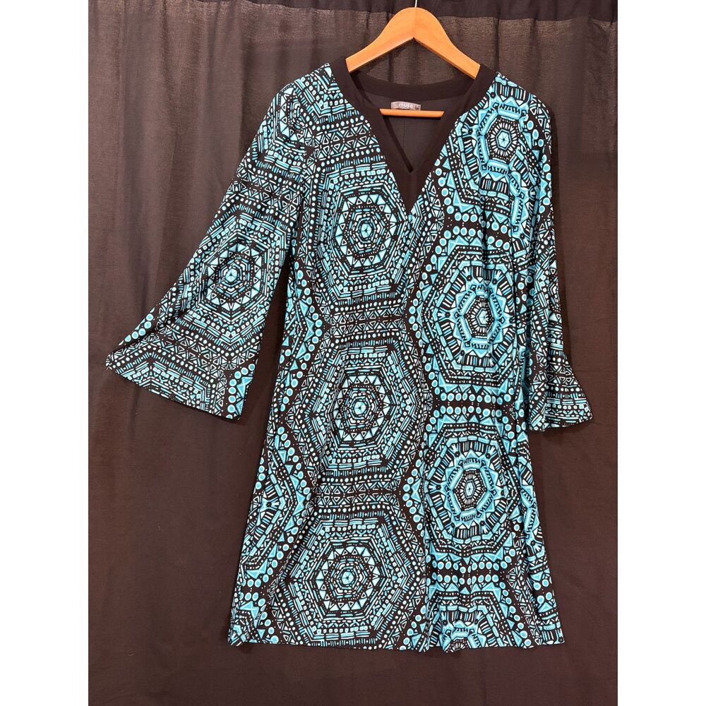 Muse Geometric Dress L Black Turquoise Bell Sleeve V Notch